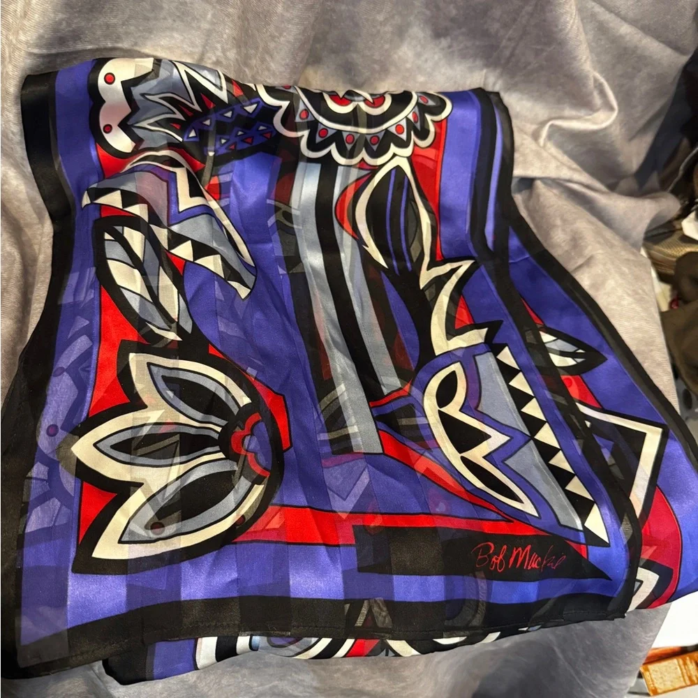 Women's Bob Mackie‎ Wearbale Art 100% Silk Scarf OS Black Purple